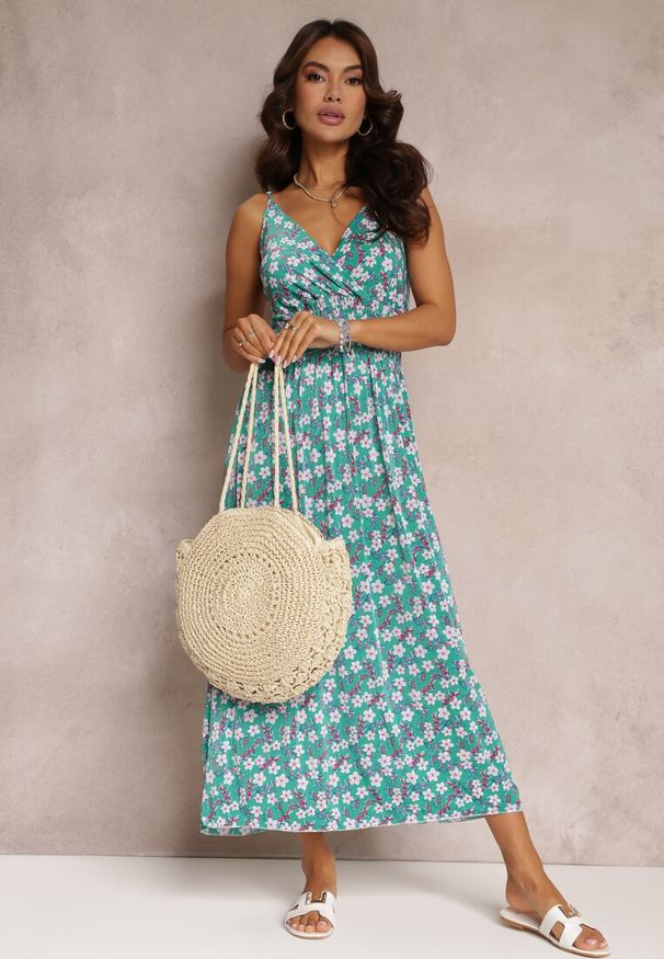 Renee - Zielona Rozkloszowana Sukienka Maxi na Ramiączkach z Cienkimi Gumkami w Talii Daniyelle. Okazja: na co dzień. Kolor: zielony. Materiał: tkanina. Długość rękawa: na ramiączkach. Wzór: kwiaty. Styl: casual. Długość: maxi