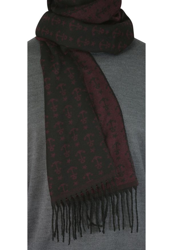 His Story - Szalik Bordowo-Czarny w Kotwice, Jesienno-Zimowy, Ciepły, z Frędzlami, Męski -HIS STORY. Kolor: czerwony. Materiał: wiskoza, poliester. Sezon: zima, jesień. Styl: elegancki, klasyczny