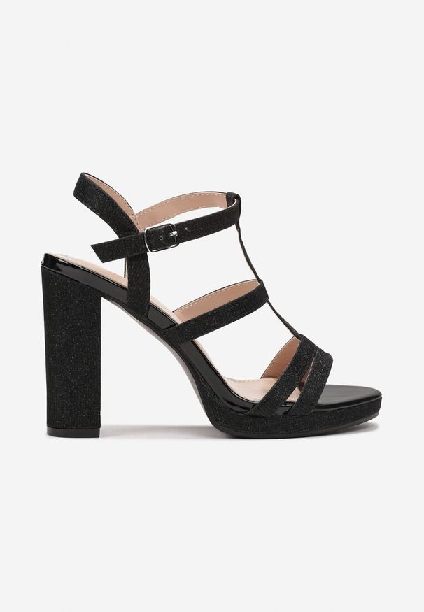 Born2be - Czarne Sandały na Słupku Ozdobione Brokatem Idosima. Zapięcie: pasek. Kolor: czarny. Wzór: aplikacja. Obcas: na słupku. Styl: elegancki