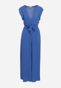 Born2be - Niebieski Taliowany Kombinezon Koktajlowy z Paskiem w Talii i Falbanami przy Ramionach Vimarine. Okazja: na imprezę. Kolor: niebieski. Materiał: jeans. Styl: wizytowy #6