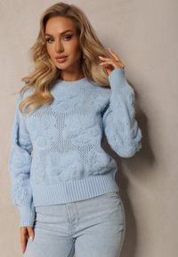 Renee - Jasnoniebieski Sweter z Wełną i Bawełną z Pluszowymi Wstawkami Alrua. Kolor: niebieski. Materiał: bawełna, wełna. Sezon: jesień, zima #4