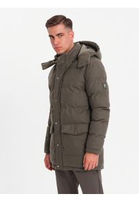 Ombre Clothing - Długa ciepła męska kurtka typu parka z wełną – ciemnooliwkowy melanż V4 - Rozmiar: M. Kolor: oliwkowy. Materiał: wełna. Długość: długie. Wzór: melanż