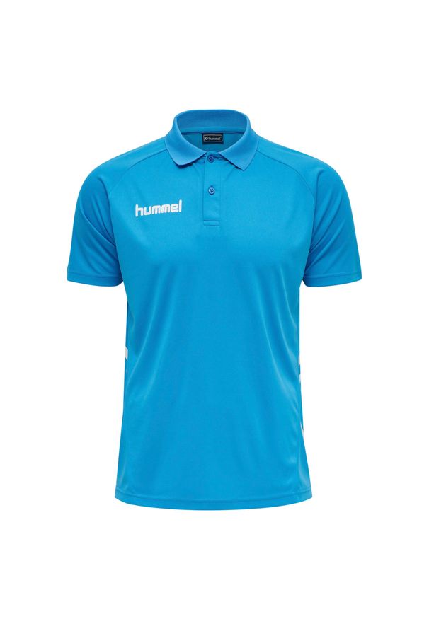 Polo Hummel Promo. Typ kołnierza: polo. Kolor: niebieski. Materiał: tkanina. Wzór: nadruk. Styl: sportowy