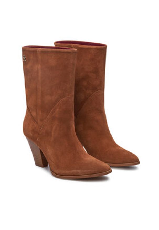 TOMMY HILFIGER - Tommy Hilfiger Botki Mid Cowboy Heel Suede FW0FW08435 Brązowy. Kolor: brązowy. Materiał: zamsz, skóra
