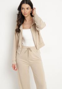 Born2be - Ciemnobeżowy Komplet Dresowy Bluza z Kapturem Rozpinana i Szerokie Spodnie Avesmira. Kolor: beżowy. Materiał: dresówka