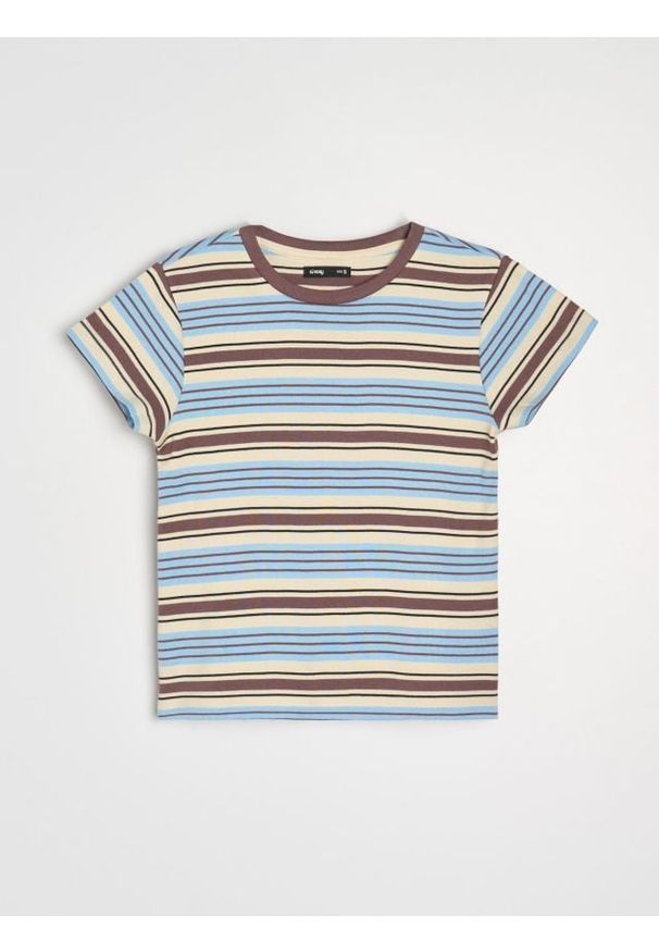Sinsay - Bawełniana koszulka w paski - brązowy. Kolor: brązowy. Materiał: bawełna. Wzór: paski
