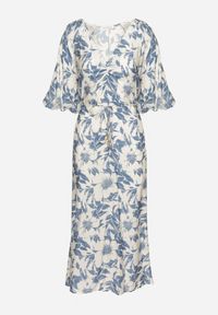 Born2be - Niebiesko-Biała Rozkloszowana Sukienka z Wiskozy Wykończona Bufiastymi Rękawami Maranea. Okazja: na co dzień. Typ kołnierza: dekolt w serek. Kolor: niebieski. Materiał: wiskoza. Typ sukienki: proste, w kształcie A. Styl: casual, elegancki, klasyczny #4