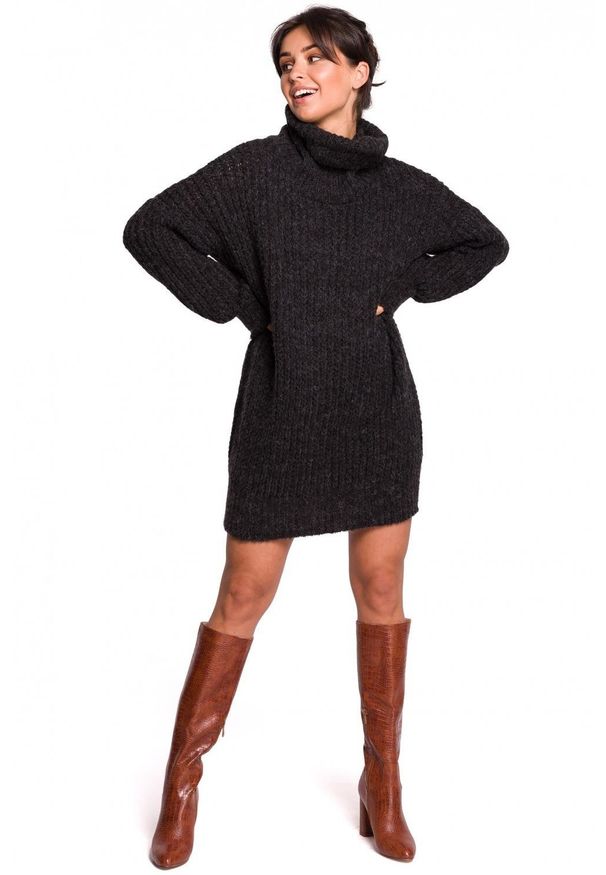 BE Knit - Długi ciepły sweter tunika z wysokim golfem. Typ kołnierza: golf. Materiał: poliakryl, wełna. Długość rękawa: długi rękaw. Długość: długie