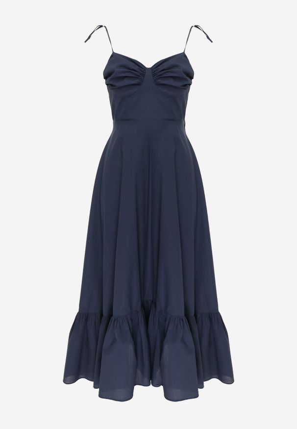 Born2be - Granatowa Bawełniana Sukienka o Rozkloszowanym Kroju na Wiązanych Ramiączkach Milalisa. Okazja: na co dzień. Typ kołnierza: dekolt gorset. Kolor: niebieski. Materiał: bawełna. Długość rękawa: na ramiączkach. Typ sukienki: proste, gorsetowe, rozkloszowane. Styl: casual. Długość: maxi