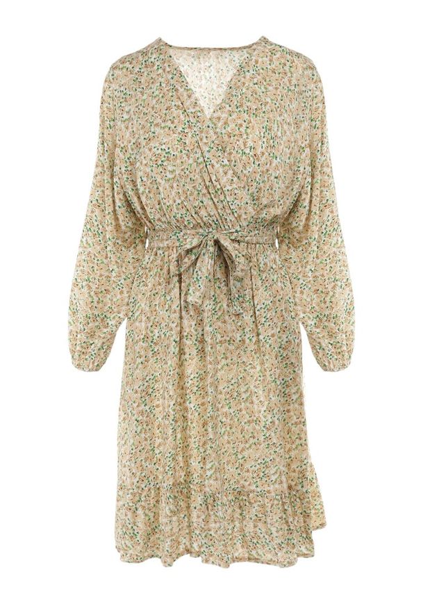 Born2be - Beżowo-Zielona Sukienka Pyrhoreia. Kolor: beżowy. Materiał: wiskoza, materiał. Długość rękawa: długi rękaw. Wzór: kwiaty, nadruk. Typ sukienki: kopertowe. Długość: mini