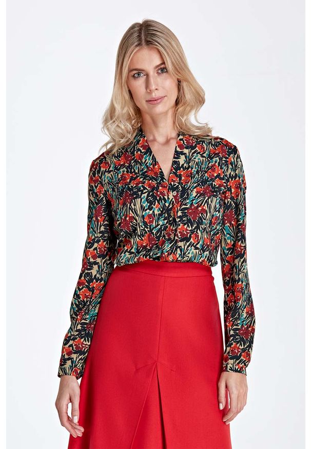 Nife - Elegancka Koszulowa Bluzka z Dekoltem w Szpic - Wzór Pomarańcz. Materiał: poliester, elastan. Styl: elegancki
