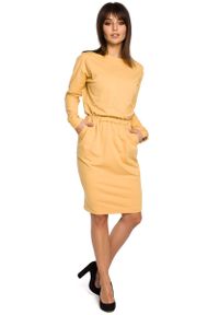 MOE - Żółta Sukienka z Gumką w Pasie. Kolor: żółty. Materiał: bawełna, elastan #1