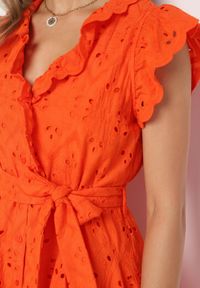 Born2be - Pomarańczowa Ażurowa Rozkloszowana Sukienka z Bawełny na Guziki Caldea. Kolor: pomarańczowy. Materiał: bawełna. Długość rękawa: krótki rękaw. Wzór: ażurowy. Styl: klasyczny, elegancki