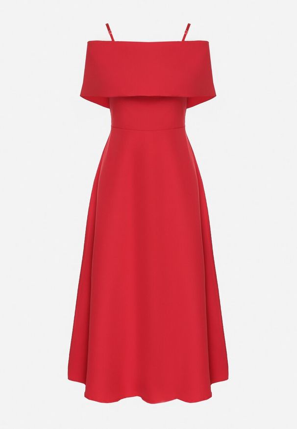 Born2be - Czerwona Sukienka o Rozkloszowanym Kroju na Ramiączkach z Wywijanym Dekoltem Jenathia. Okazja: na wesele, na studniówkę, na ślub cywilny, na imprezę. Kolor: czerwony. Długość rękawa: na ramiączkach