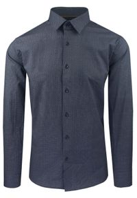 Taliowana Koszula Męska - Victorio - Drobny Wzór, Granat. Kolor: niebieski. Materiał: elastan, bawełna. Styl: elegancki #1