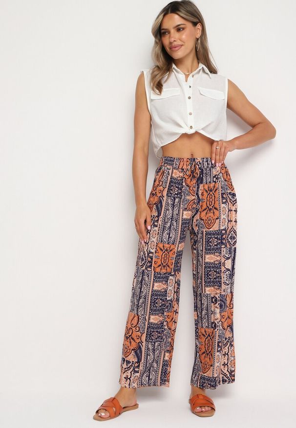 Born2be - Niebiesko-Pomarańczowe Spodnie Palazzo z Wiskozy z Gumką w Talii Lirfea. Okazja: na co dzień. Kolor: niebieski. Materiał: wiskoza. Styl: boho, klasyczny, elegancki, casual