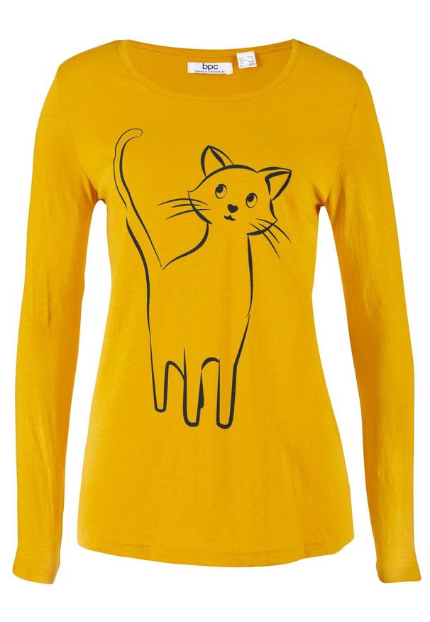 Shirt bawełniany z nadrukiem kota, długi rękaw bonprix żółty curry z nadrukiem. Kolor: żółty. Materiał: materiał, bawełna. Długość rękawa: długi rękaw. Długość: długie. Wzór: nadruk