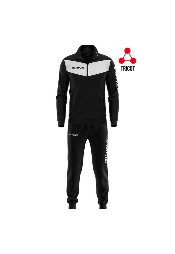 Dres piłkarski dla dorosłych Givova Tuta Visa czarno-biały. Kolor: czarny, biały, wielokolorowy. Materiał: poliester, materiał, dresówka. Sport: piłka nożna, fitness