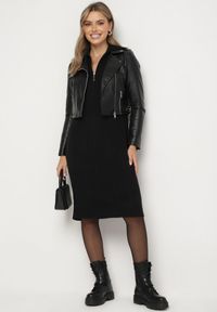 Born2be - Czarna Sukienka z Bawełną i Wełną z Kołnierzykiem na Suwak Tereithra. Okazja: na co dzień, na spotkanie biznesowe. Kolor: czarny. Materiał: wełna, bawełna. Typ sukienki: proste. Styl: wizytowy, casual, elegancki, biznesowy #4
