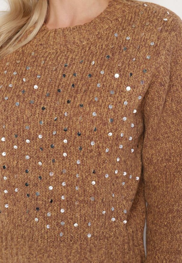Born2be - Brązowy Sweter z Bawełną Ozdobiony Cekinami Savalenne. Okazja: na co dzień. Kolor: brązowy. Materiał: bawełna. Długość rękawa: długi rękaw. Długość: długie. Wzór: aplikacja. Styl: casual, klasyczny