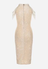 Born2be - Beżowa Błyszcząca Sukienka Midi z Koralikami i Rozcięciem Marsira. Kolor: beżowy. Długość: midi #6