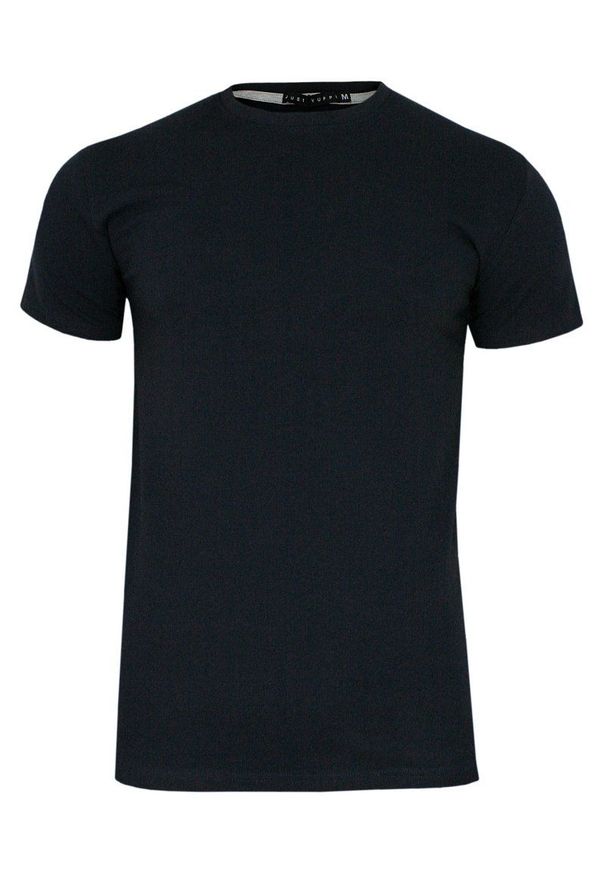 Granatowy T-shirt Męski, Krótki Rękaw -Just Yuppi- Koszulka, BASIC, Jednokolorowa, U-Neck. Okazja: na co dzień. Kolor: niebieski. Materiał: bawełna, elastan. Długość rękawa: krótki rękaw. Długość: krótkie. Styl: casual