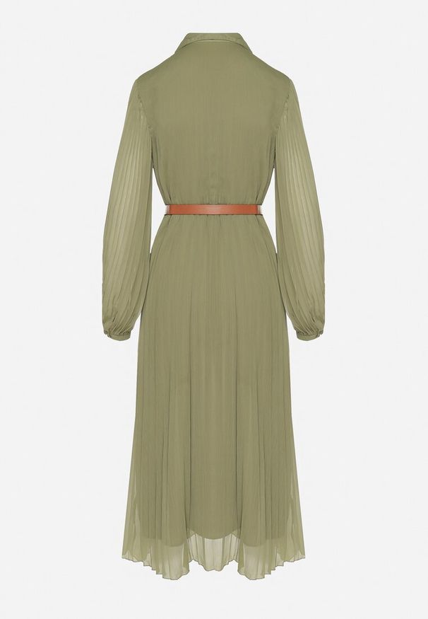 Born2be - Zielona Plisowana Sukienka o Koszulowym Kroju z Dodatkowym Paskiem Mialessa. Okazja: na co dzień. Kolor: zielony. Materiał: materiał. Typ sukienki: koszulowe. Styl: casual, klasyczny, elegancki