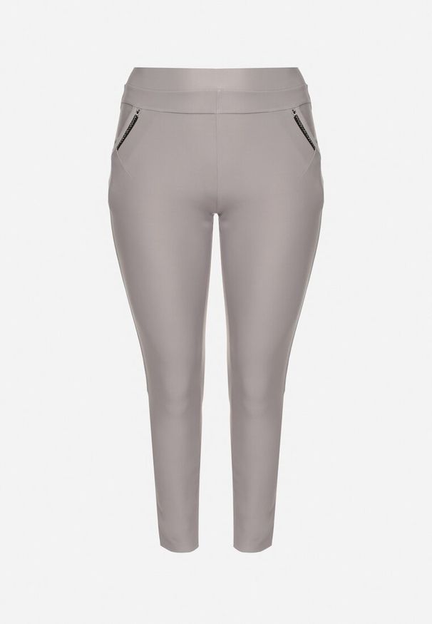 Born2be - Szare Spodnie z Gumką w Pasie z Cyrkoniami Slim Ellivna. Okazja: na co dzień. Kolekcja: plus size. Kolor: szary. Styl: klasyczny, casual, elegancki