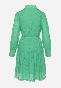 Born2be - Zielona Sukienka z Haftowanej Tkaniny ze Stójką i Perłowymi Guzikami Salino. Typ kołnierza: kołnierzyk stójkowy. Kolor: zielony. Materiał: tkanina. Wzór: haft. Styl: vintage. Długość: midi #3