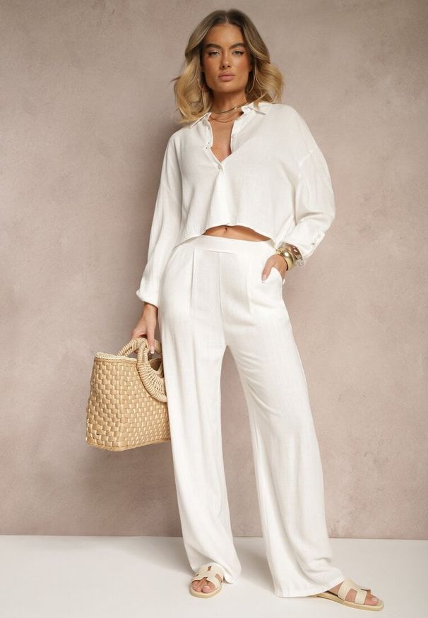 Renee - Białe Spodnie z Lnem i Bawełną o Szerokim Kroju High Waist Sallieta. Okazja: na co dzień. Stan: podwyższony. Kolor: biały. Materiał: bawełna, len. Styl: casual