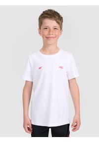 4f - 4F T-shirt regular z nadrukiem dziecięcy 4F JUNIOR x Robert Lewandowski - biały 122 (6-7 lat). Kolor: biały. Materiał: bawełna, materiał. Wzór: nadruk. Sezon: lato. Styl: sportowy, młodzieżowy