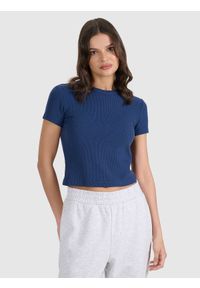 4f - 4F T-shirt slim z waflowej dzianiny damski - granatowy XS. Okazja: na co dzień. Kolor: niebieski. Materiał: dzianina. Długość rękawa: krótki rękaw. Długość: krótkie. Wzór: kratka. Styl: klasyczny, sportowy, casual