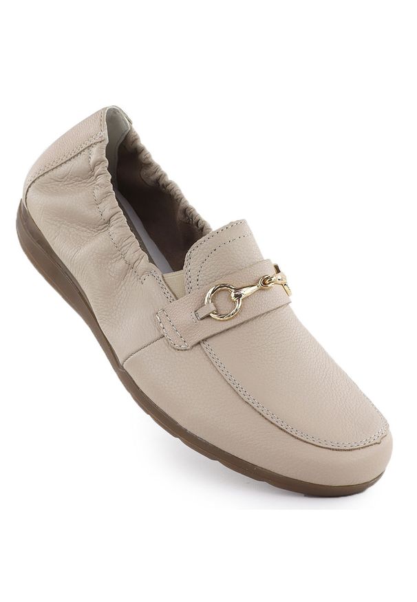 Skórzane półbuty damskie komfortowe mokasyny beżowe Rieker L9354-60. Kolor: beżowy. Materiał: skóra