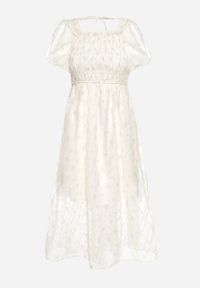 Born2be - Beżowo-Niebieska Rozkloszowana Sukienka z Bufiastymi Rękawami i Marszczoną Górą Vikinania. Okazja: na co dzień, na imprezę. Kolor: beżowy. Materiał: skóra. Styl: casual #3