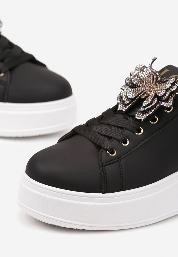 Renee - Czarne Sneakersy z Błyszczącym Motylkiem Lenori. Okazja: na co dzień. Kolor: czarny. Materiał: jeans, materiał