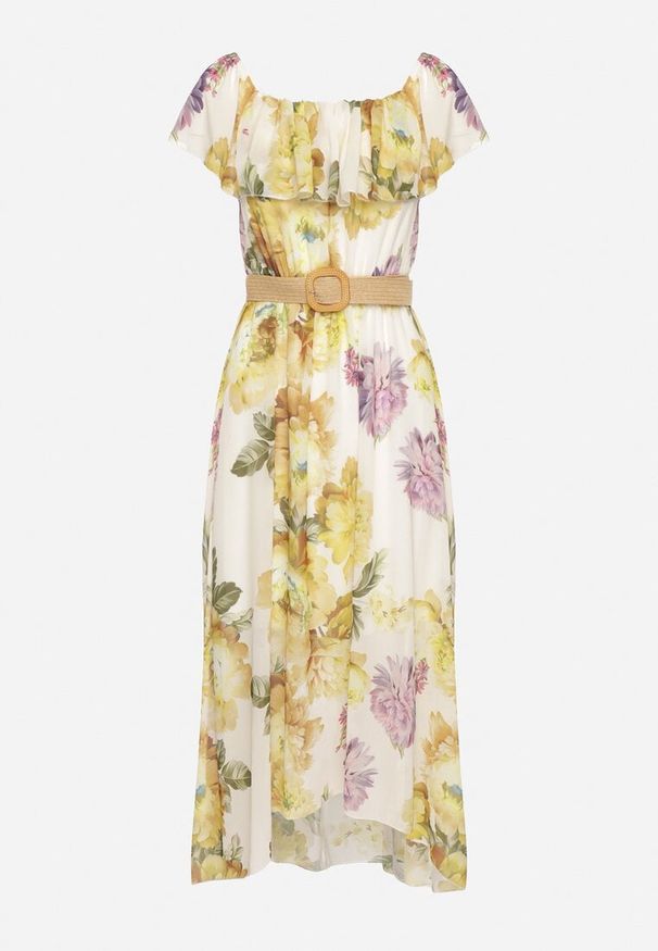 Born2be - Żółta Sukienka Typu Hiszpanka w Kwiaty z Paskiem Sademire. Okazja: na co dzień. Typ kołnierza: dekolt hiszpanka. Kolor: żółty. Wzór: kwiaty. Styl: casual