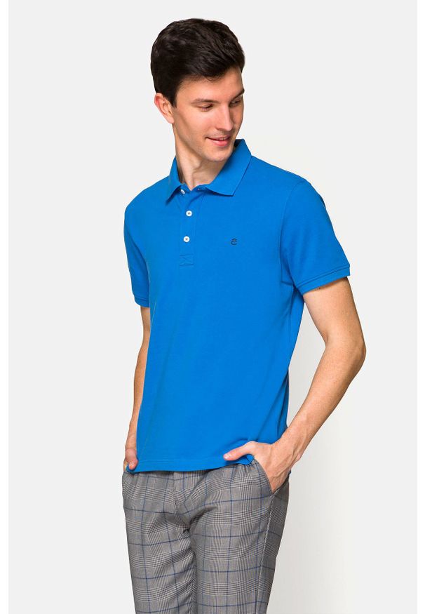 Lancerto - Koszulka Niebieska Polo Patrick. Typ kołnierza: polo. Kolor: niebieski. Materiał: tkanina, bawełna, włókno, materiał. Wzór: gładki, ze splotem. Styl: klasyczny
