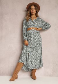 Renee - Biało-Zielona Sukienka Hyrathe. Kolor: zielony. Materiał: tkanina. Wzór: aplikacja, kwiaty, nadruk. Styl: elegancki. Długość: maxi
