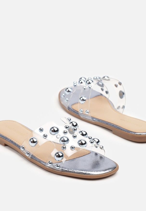 Renee - Niebieskie Klapki Transparentne z Ozdobnymi Wycięciami i Aplikacjami Sunitiel. Okazja: na co dzień. Kolor: niebieski. Wzór: aplikacja. Obcas: na płaskiej podeszwie. Styl: casual