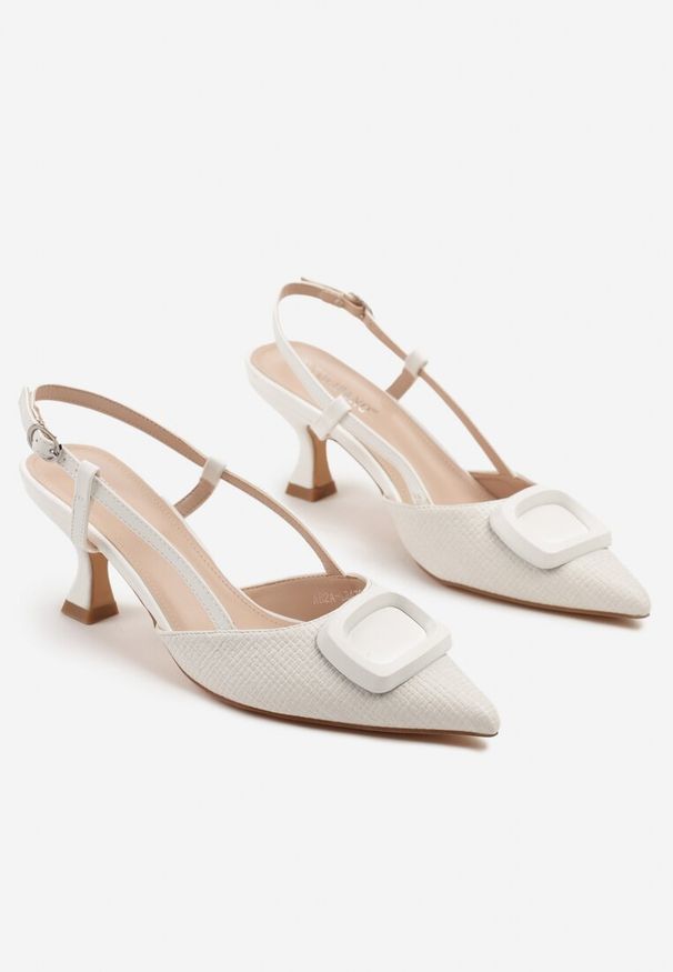 Renee - Białe Sandały Tweedowe na Kaczuszce Slingback Ozdobione Aplikacją Rosaviela. Okazja: na co dzień, na imprezę. Zapięcie: sprzączka. Kolor: biały. Wzór: aplikacja. Sezon: wiosna, lato. Obcas: na szpilce. Styl: elegancki, casual. Wysokość obcasa: średni