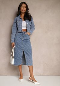Renee - Niebieska Spódnica Jeansowa z Bawełny High Waist Ozdobiona Przetarciami Carithwen. Okazja: na co dzień. Stan: podwyższony. Kolor: niebieski. Materiał: bawełna, jeans. Wzór: aplikacja. Styl: elegancki, casual