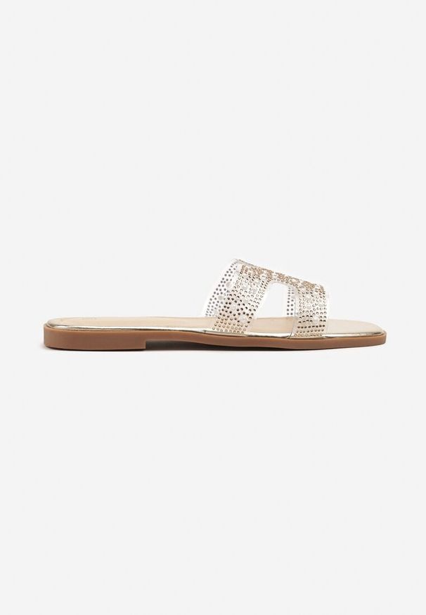Born2be - Złote Transparentne Klapki Zdobione Cyrkoniami Mirazana. Okazja: na co dzień. Kolor: złoty. Wzór: aplikacja. Styl: elegancki, casual
