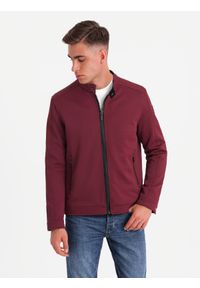 Ombre Clothing - Męska kurtka o kroju biker ze strukturalnego materiału – bordowa V2 - Rozmiar: XXL. Okazja: na co dzień. Typ kołnierza: kołnierzyk stójkowy. Kolor: czerwony. Materiał: materiał. Styl: casual, elegancki