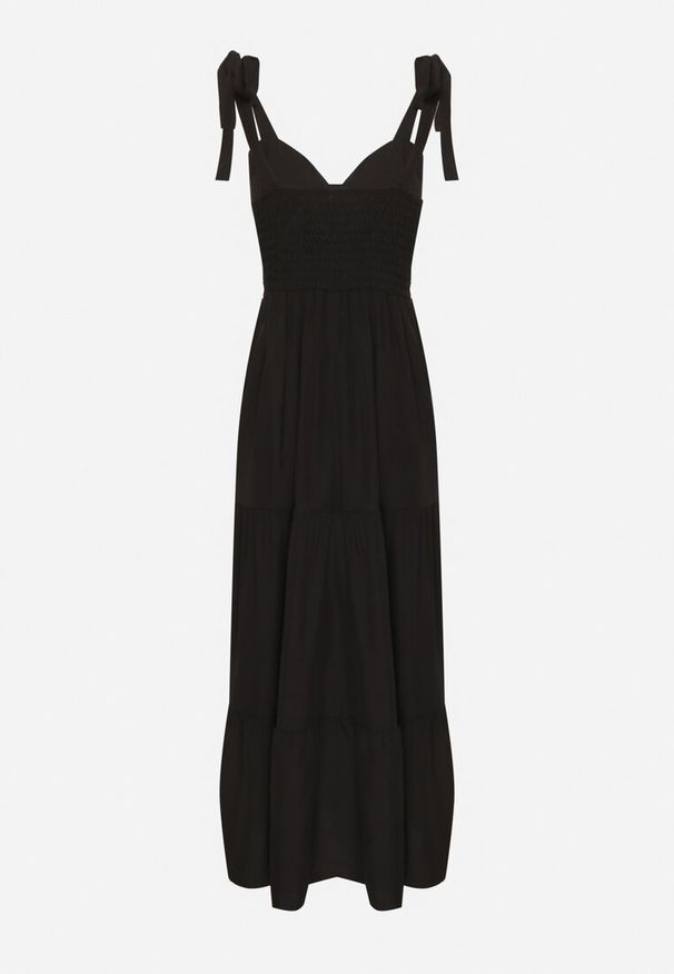 Born2be - Czarna Rozkloszowana Sukienka z Wiskozą Ozdobiona Wiązaniem na Ramiączkach Meravessa. Okazja: na spacer. Kolor: czarny. Materiał: wiskoza. Długość rękawa: na ramiączkach. Wzór: aplikacja