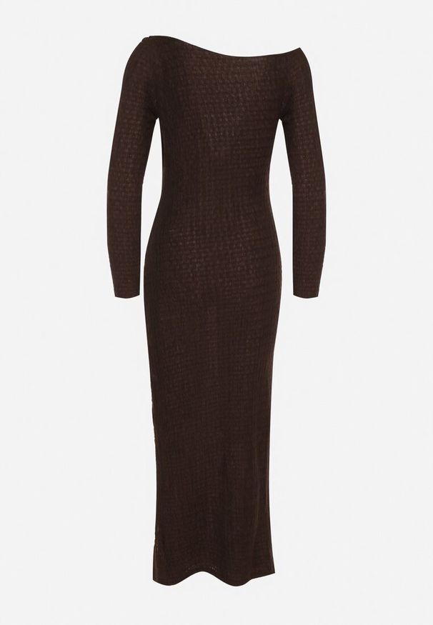 Born2be - Brązowa Dopasowana Sukienka z Metaliczną Ozdobą na Ramieniu Reilara. Kolor: brązowy. Wzór: aplikacja. Styl: elegancki