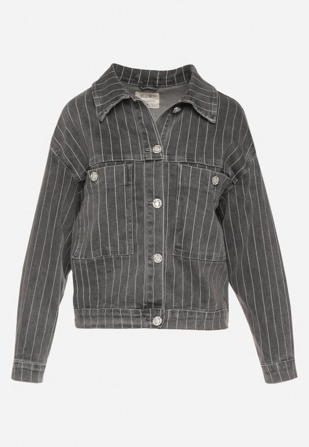 Born2be - Szara Kurtka Jeansowa w Paski z Kieszeniami Ravilune. Okazja: na co dzień, na spacer. Kolor: szary. Materiał: jeans. Długość rękawa: długi rękaw. Długość: długie. Wzór: paski. Styl: elegancki, klasyczny, casual