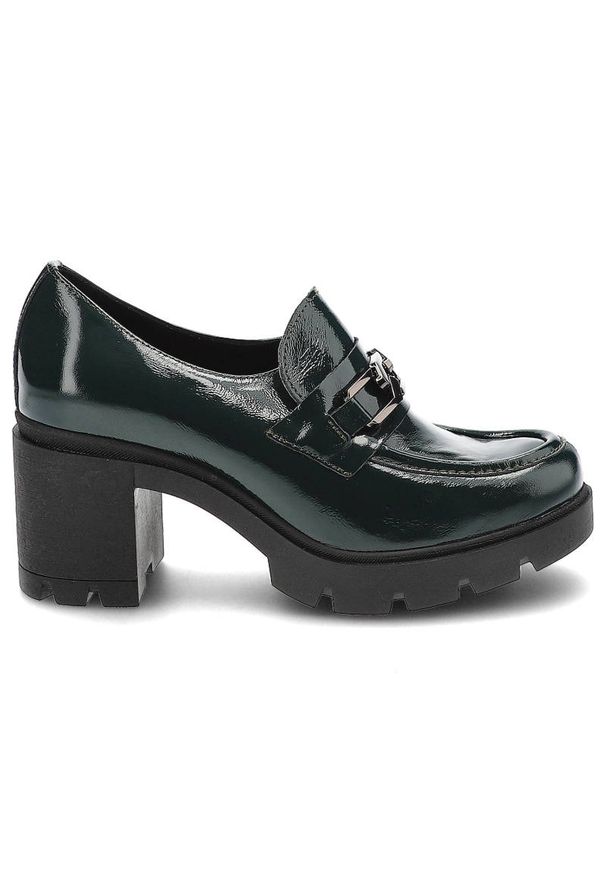 Półbuty damskie Lemar, lakierowana skórzana cholewka wsuwana forma masywna podeszwa stabilny obcas typu klocek, naplak oliwka, 20115-Cn. Okazja: na co dzień. Kolor: zielony. Materiał: skóra, lakier. Szerokość cholewki: normalna. Wzór: aplikacja. Obcas: na obcasie. Styl: casual, elegancki. Wysokość obcasa: średni