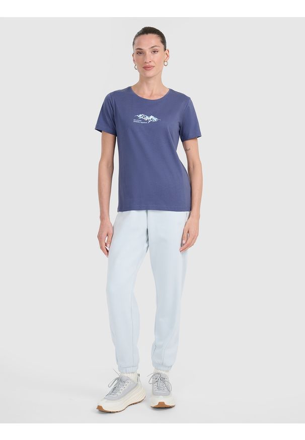 4f - 4F T-shirt regular z nadrukiem damski - granatowy XS. Okazja: na co dzień. Kolor: niebieski. Materiał: materiał, bawełna. Wzór: nadruk. Styl: casual