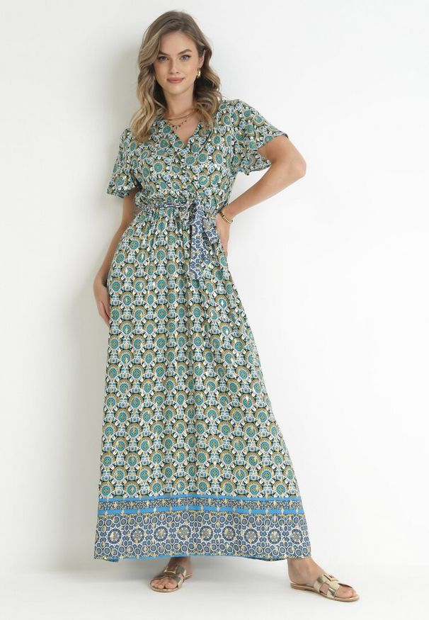 Born2be - Miętowa Sukienka z Wiskozy w Etno Wzór z Gumką i Paskiem w Talii Lucassa. Kolor: miętowy. Materiał: wiskoza. Styl: etno