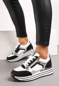 Born2be - Czarno-Białe Sneakersy na Platformie Ozdobione Brokatem i Suwakiem Heliaza. Nosek buta: okrągły. Zapięcie: sznurówki. Kolor: czarny. Materiał: materiał. Wzór: aplikacja. Obcas: na platformie. Wysokość obcasa: niski #1